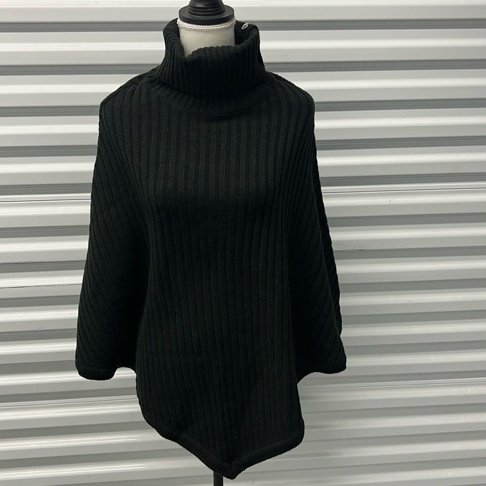 Michael Kors Black Ribbed Turtleneck Poncho